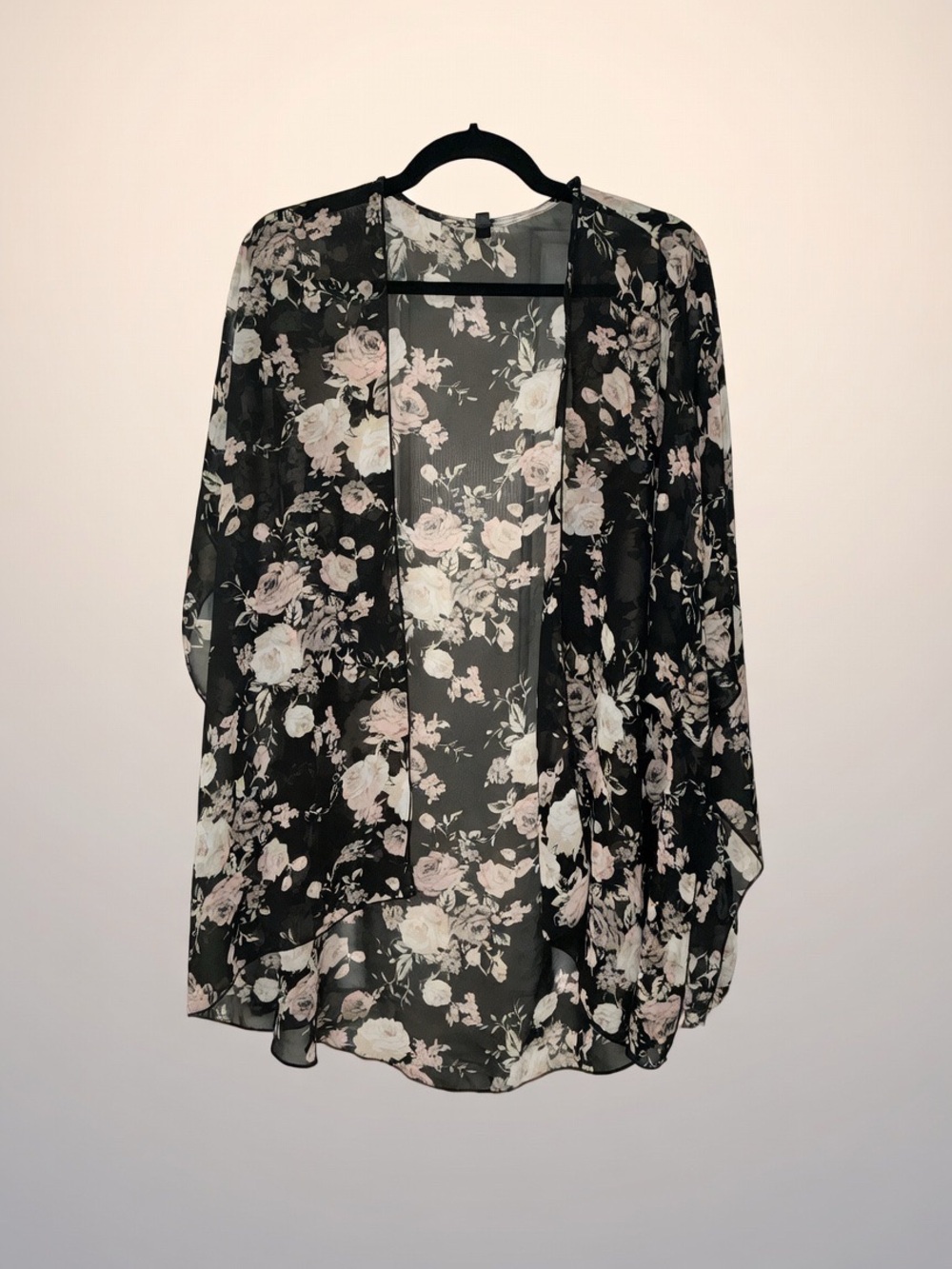 101- Interi Black Floral Chiffon Open Front Kimono Cardigan One Size-
